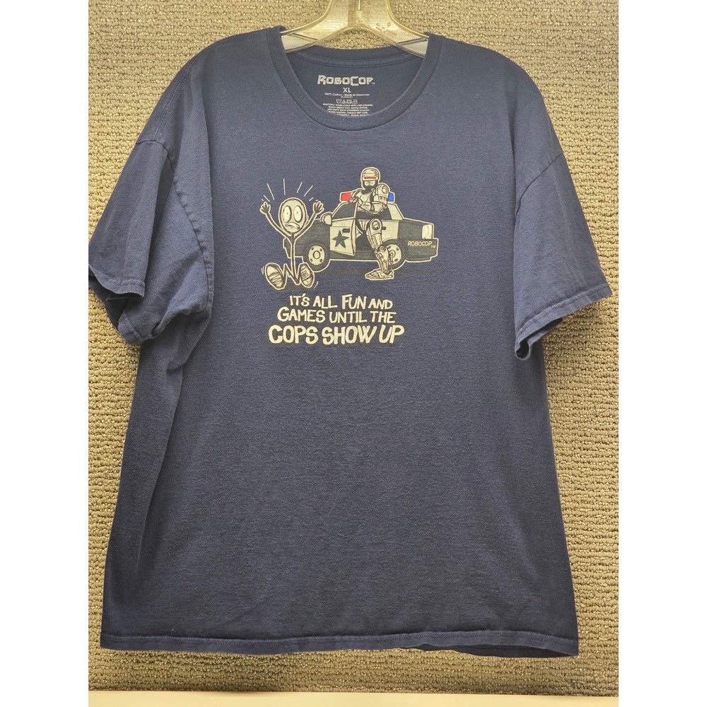 Robocop Mens Navy Blue Graphic T-Shirt XL It's All Fun and Games Until Cops Show